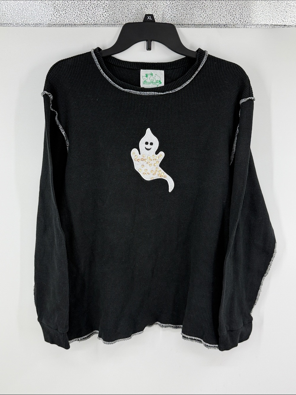 Quacker Factory Halloween Ghost Thermal Top Sequin Embellished Y2K Size Medium